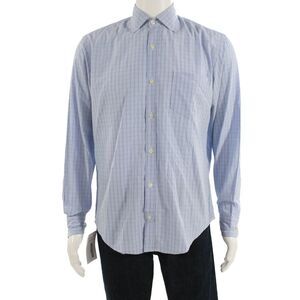 Hartford Mens Cotton Checkered Long Sleeve Button Up Shirt Blue Size M
